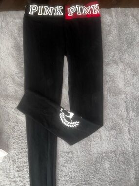PINK Victoria's Secret Black Leggings with White Logo and Red Waistband Accent